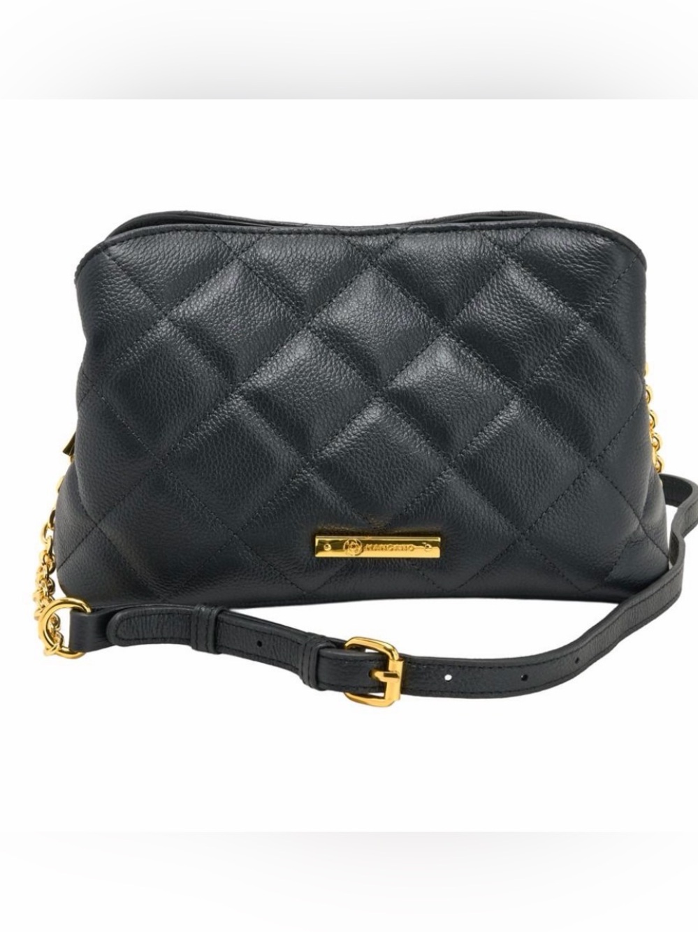 Black Diamond Quilted Leather Crossbody Bag with Gold Hardware by Mangano